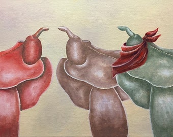 TACK IN TRIPLICATE, original oil painting, western wall art, saddles, whimsical, stylized