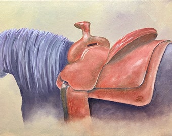 READY TO RIDE #1, original oil painting, western wall art, saddle, horse, stylized, whimsical