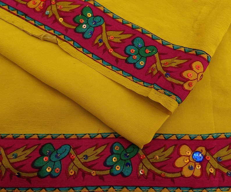Vintage Indian Saree Crepe Silk Hand Beaded Sequins Fabric Yellow Craft Sari 5 Yard VCRP3169