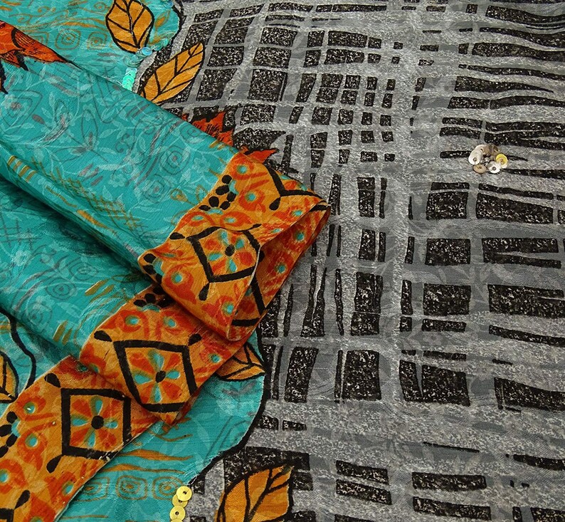 Indian Vintage Saree Crepe Silk Fabric Floral Printed Used Blue Craft Sri 5 Yard VCRP3201