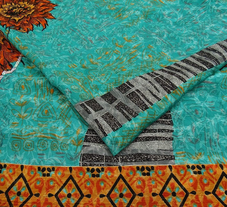 Indian Vintage Saree Crepe Silk Fabric Floral Printed Used Blue Craft Sri 5 Yard VCRP3201
