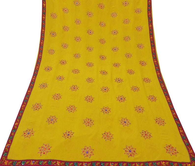 Vintage Indian Saree Crepe Silk Hand Beaded Sequins Fabric Yellow Craft Sari 5 Yard VCRP3169