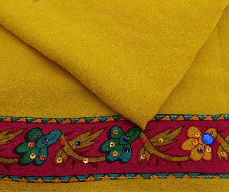 Vintage Indian Saree Crepe Silk Hand Beaded Sequins Fabric Yellow Craft Sari 5 Yard VCRP3169