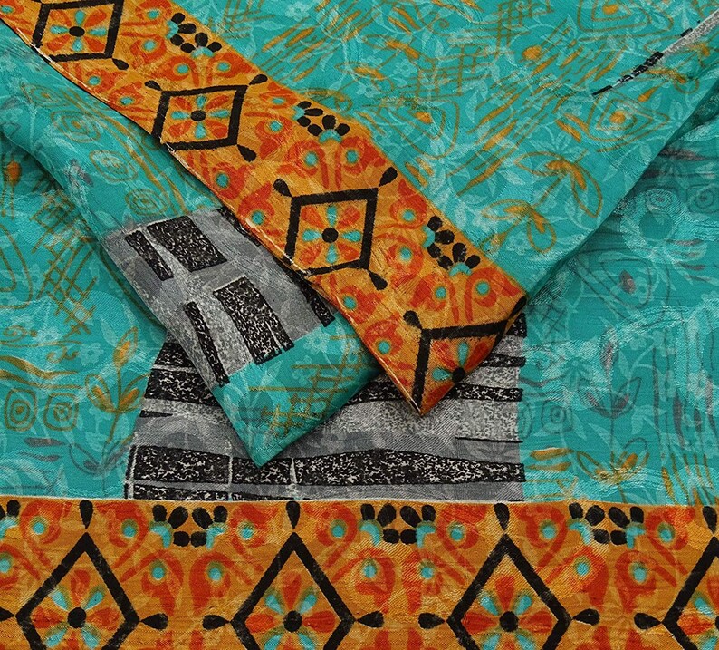 Indian Vintage Saree Crepe Silk Fabric Floral Printed Used Blue Craft Sri 5 Yard VCRP3201