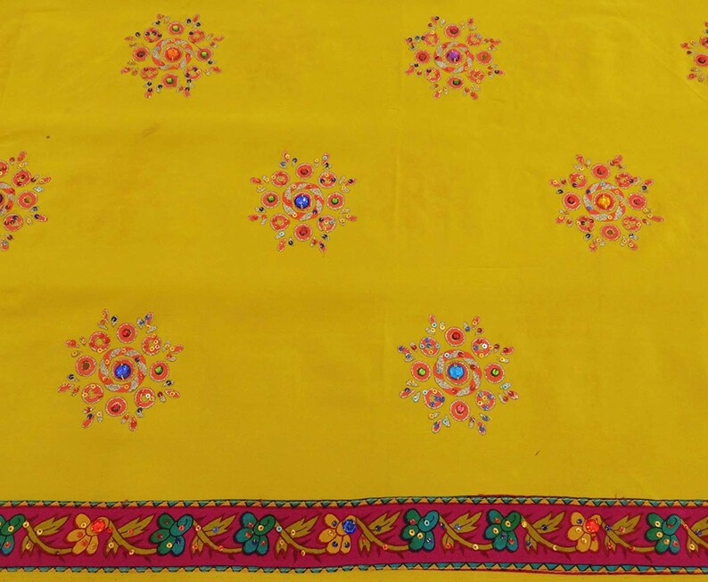 Vintage Indian Saree Crepe Silk Hand Beaded Sequins Fabric Yellow Craft Sari 5 Yard VCRP3169