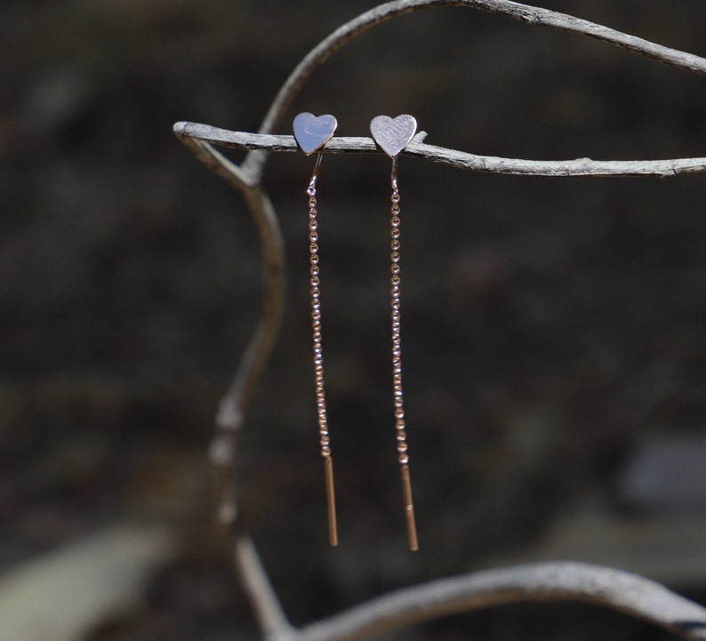 Rose Gold Heart Threader Earrings Pull-through Delicate 14k Rose Gold Fill Simple 925 Sterling Silver Minimalist