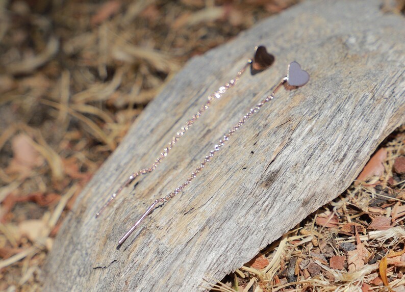 Rose Gold Heart Threader Earrings Pull-through Delicate 14k Rose Gold Fill Simple 925 Sterling Silver Minimalist