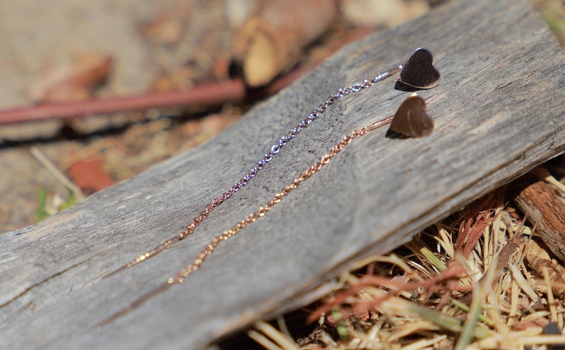 Rose Gold Heart Threader Earrings Pull-through Delicate 14k Rose Gold Fill Simple 925 Sterling Silver Minimalist