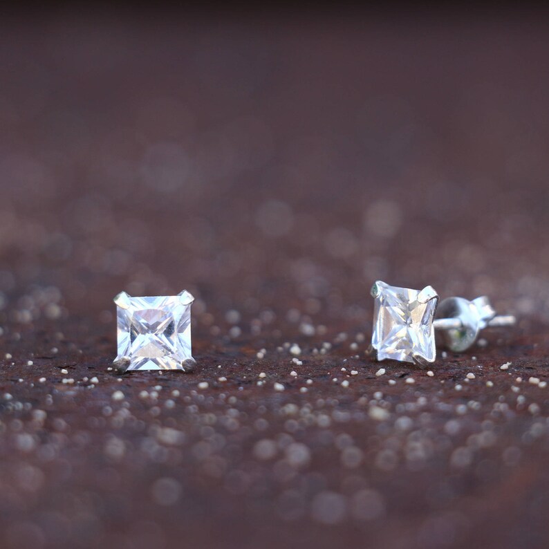 Princess Cut Earrings - Square Cubic shops Zirconia - CZ Stud - Studs - 925 Sterling Silver - Classic - Modern Jewellery - Simple Jewelry -Elegant