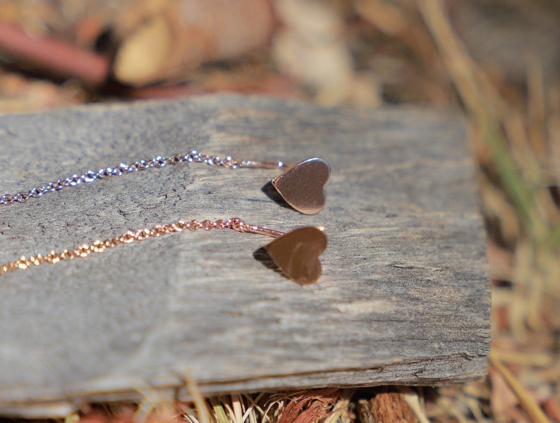 Rose Gold Heart Threader Earrings Pull-through Delicate 14k Rose Gold Fill Simple 925 Sterling Silver Minimalist
