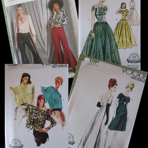 May include: Four vintage Vogue Patterns featuring illustrations of women's clothing designs. The patterns include dresses, blouses, and pants. The covers are white with the Vogue Patterns logo and the pattern numbers.
