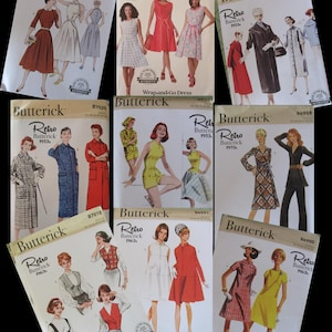 May include: A collection of vintage Butterick sewing pattern envelopes. The patterns feature illustrations of dresses, coats, and other garments from the 1950s, 1960s, and 1970s. The envelopes are in various colors and designs, showcasing retro fashion.