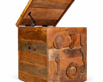 Solid Wood Storage Ottoman with Carved Front, Side Table or Stool, Storage Box