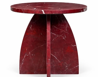 Red Marble Accent Side Table, Handmade Natural Stone End Table