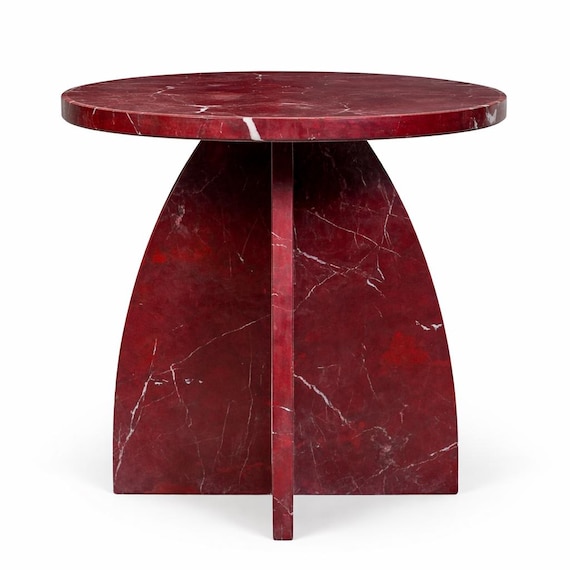 Red Marble Accent Side Table, Handmade Natural Stone End Table