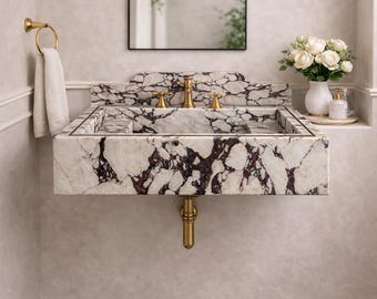 Custom Small Viola Marble Sink with Brass Strip, Wall Mount/Top Mount