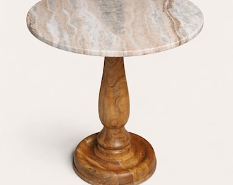Mesa auxiliar redonda de mármol, mesa auxiliar con base de pedestal de madera maciza, mesa auxiliar de piedra de lujo