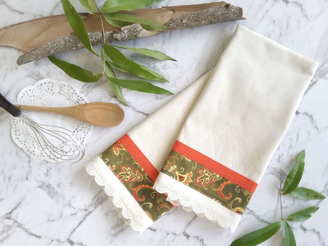 Floral Tea Towel Set Vintage Inspired Ecru Green Orange Etsy Australia