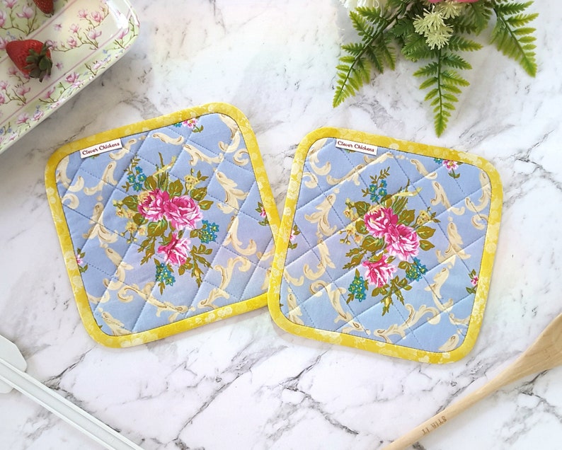Hostess Gifts Country Kitchen Yellow Floral Chic Pot Holder Set in Blue Pretty Kitchen Accessories Beige and Pink