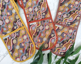 Indigenous Print Double Oven Gloves - Jijaka Desert Tracks Fabric - Australian Kitchen Decor and Gifts