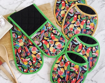 Rosella Double Oven Glove and Oval Potholder Sets | Australian Home Decor | Bright Potholders | Cooking Gifts