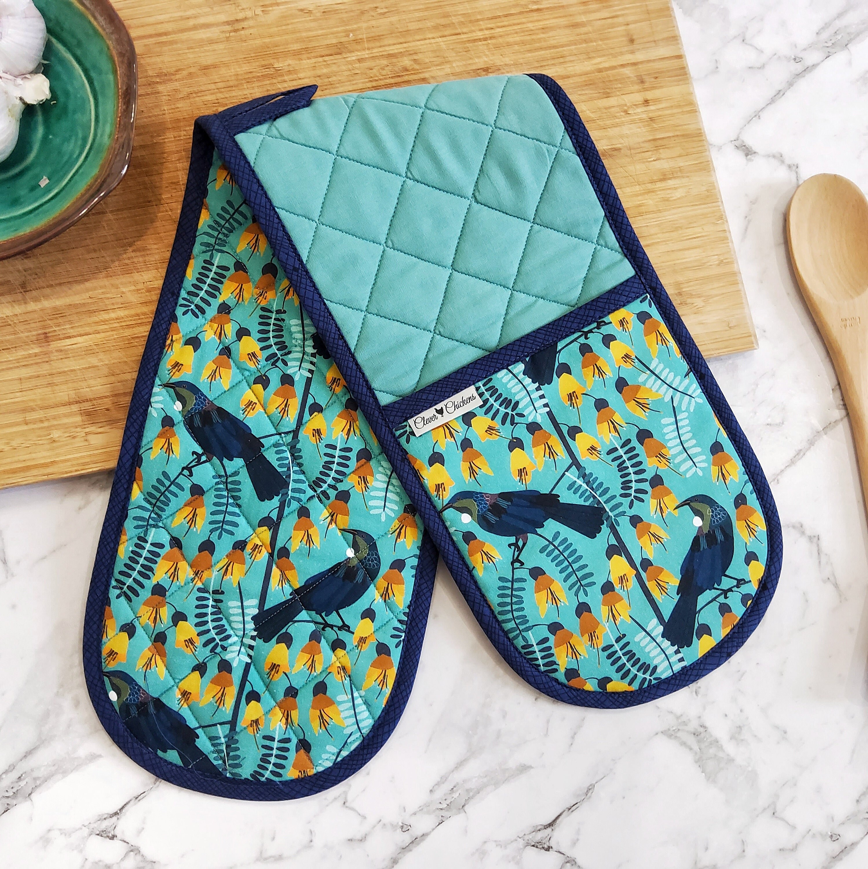 New Zealand Tui Bird Oven Gloves Double Oven Mitts Aqua Kitchen Decor Mother's Day Gifts Jocelyn
