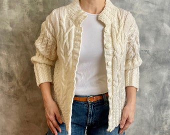 Vintage Cream Handknitted  Cardigan / Cable Knit Cardigan / Siize S