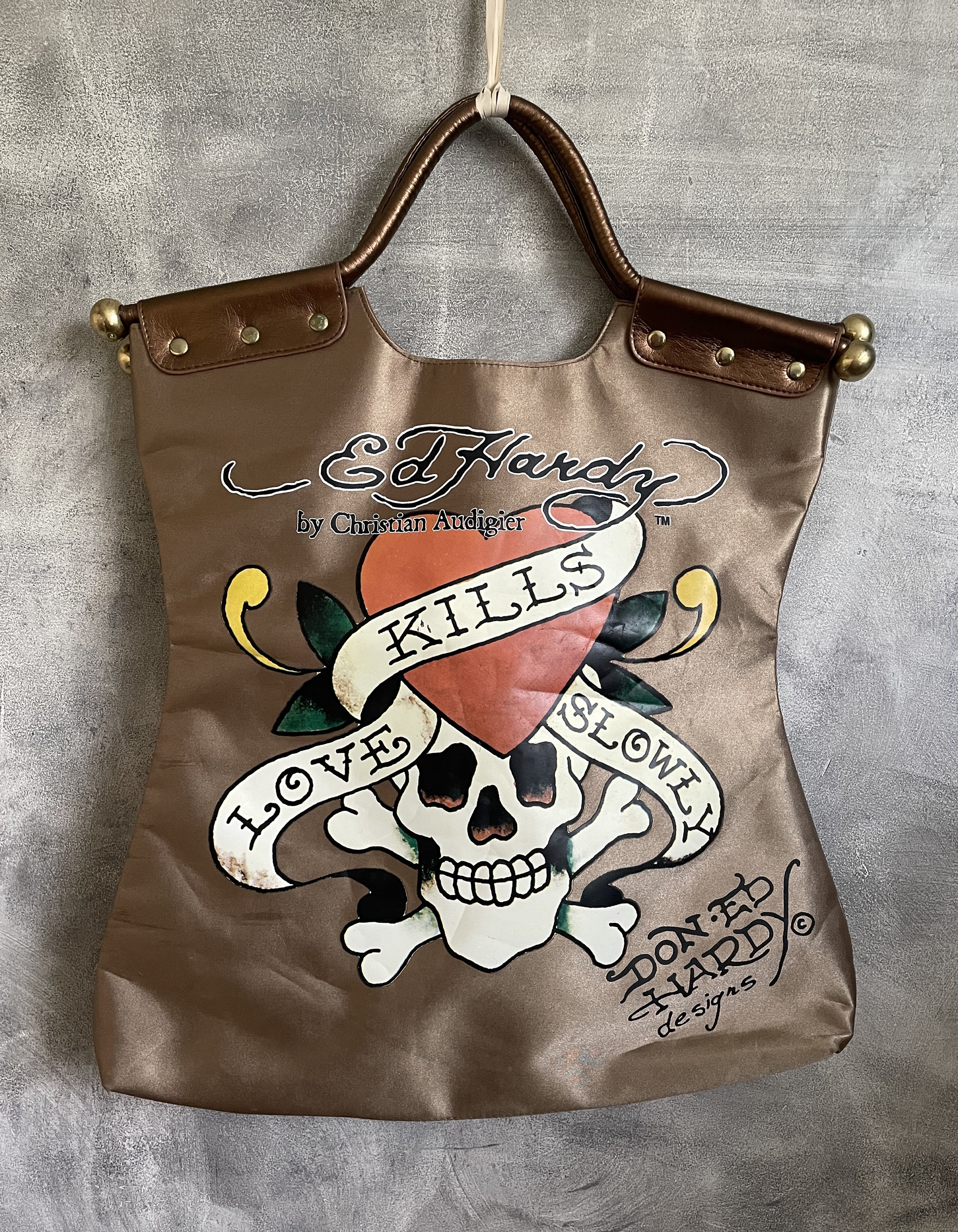 Don Ed Hardy Designs Love Kills Slowly Tote Hand Bag Purse Bronze Skull  Heart  eBay