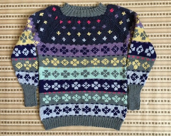 Vintage Colorful Kids Sweater / Hand-woven Knit Wool 90s Sweater /