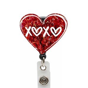 Porta badge infermieristico con cuore glitterato rosso XOXO, porta badge medico retrattile, porta badge ospedaliero per ufficio, medico, personale infermieristico