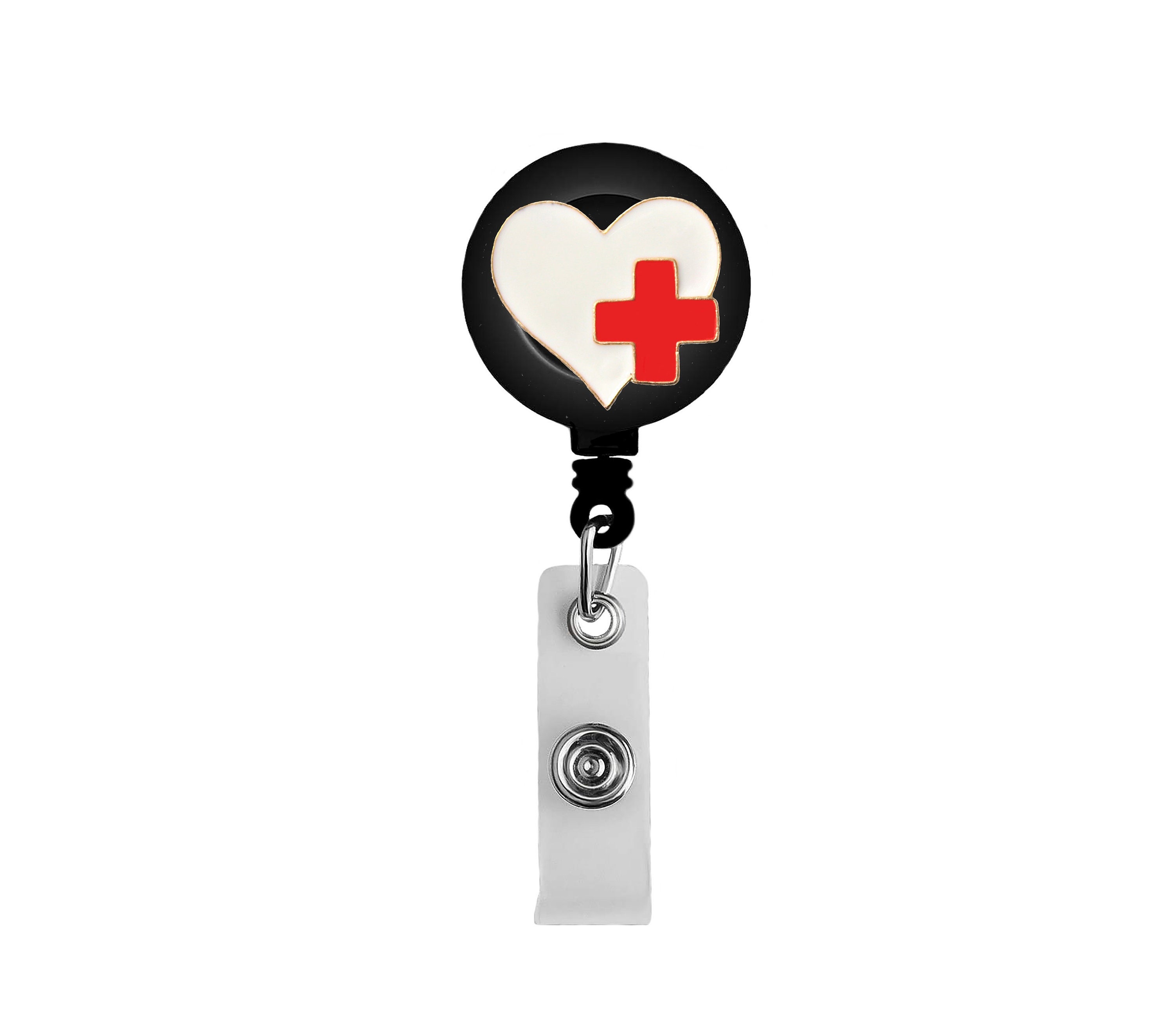 White Heart Red Cross Nurse Badge Reel Retractable ID Holder for