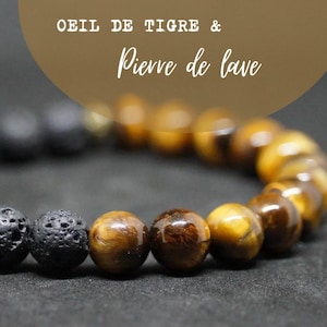 Lava stone bracelet, tiger's eye - Lithotherapy jewelry for men and women - Handmade artisanal bracelet - Energy jewelry