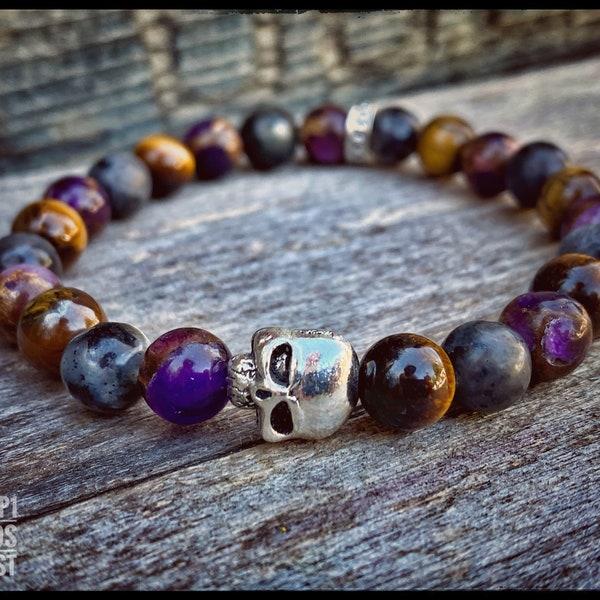 Labradorite bracelet - tiger eye and purple natural lake - A skull for style - the little brother of the double model available in my store