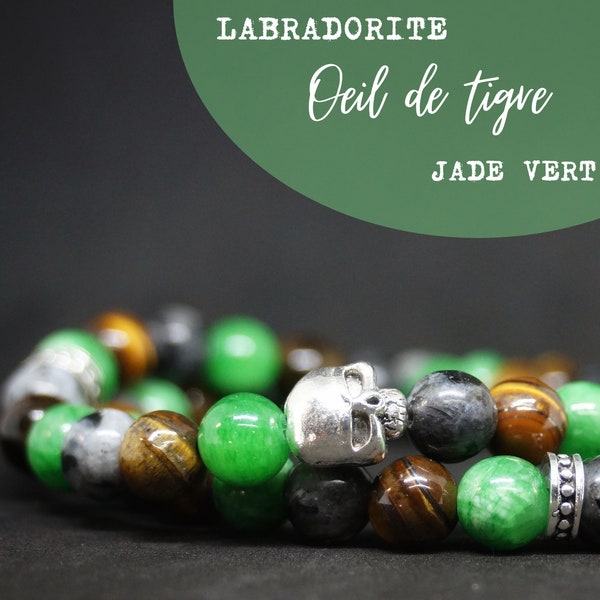 Bracelet double Labradorite - oeil de tigre et Jade vert - bracelet homme tete de mort