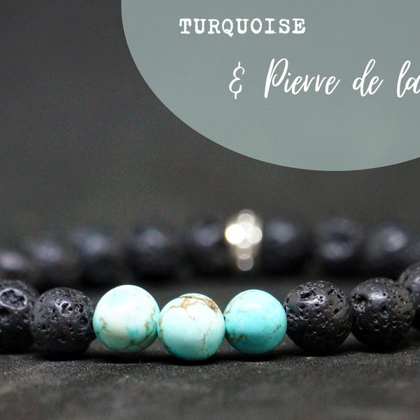 Bracelet Pierre de lave et Turquoise , bracelet en pierre de lave , bracelet turquoise, bracelet noir et bleu, bracelet lavastone, volcan