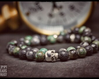 Double Labradorite bracelet - African agate and lava stone - A skull for style