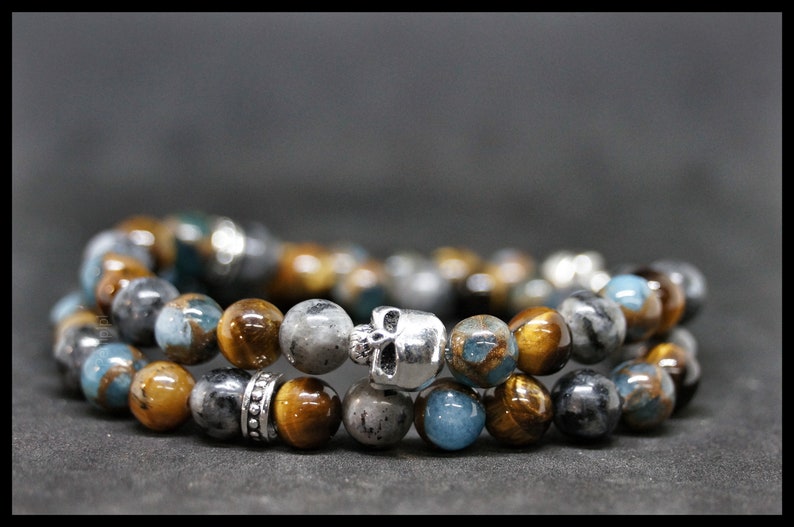 Labradorite Double Bracelet - Tiger's Eye and Natural Lake Blue - A Skull for Style - Springlake 