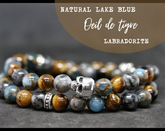 Bracelet Labradorite - bracelet oeil de tigre et natural lake blue- bracelet agate bracelet tete de mort - bracelet double - bracelet skull