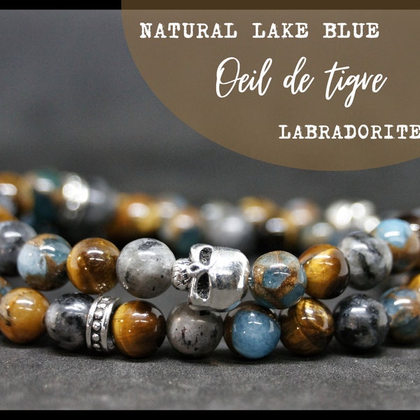 Bracelet Labradorite - bracelet oeil de tigre et natural lake blue- bracelet agate bracelet tete de mort - bracelet double - bracelet skull