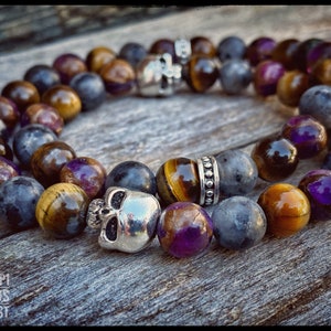 Double Labradorite bracelet - tiger's eye and natural lake purple - A skull for style -