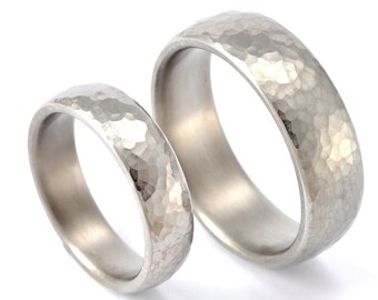 Hammered Titanium Wedding Ring Set, Modern Forged Bands