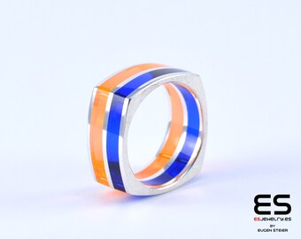 Handmade colorful contemporary Ring 925 Sterling Silver with blue and neon red plexiglas modern for men and women unisex design square shape