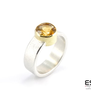 Handmade 925 sterling Silver ring with 18k yellow gold bazel and 8 mm natural round Citrine gemstone Kiiru collection