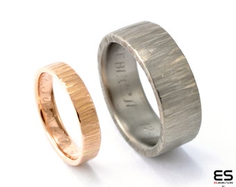 Forged rose gold and Titanium Wedding rings, 18k gold ring set, titanium wedding bands,modern titanium rings, alternative gold wedding rings