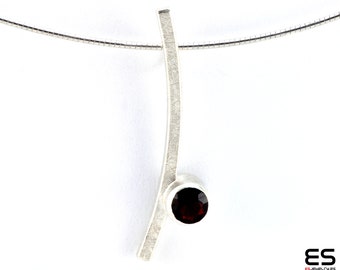 Handmade 925 sterling Silver Necklace Pendant with 5mm round Garnet gemstone nimimalist rectangle contemporary modern Katana collection