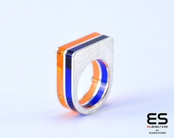 Ring handmade Sterling Silver 925 neon red and blue plexiglass plexi rivets acrylic seal ring