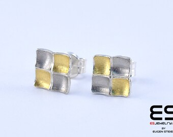 Earrings silver 925  and 24k gold 18k  white gold Mozaiku collection Keum Boo / Kum Boo ES Jewelry square stud earrings