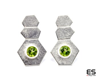 Handmade Sterling Silver earrings with natural 5mm Peridot  gemstone Roku collection geometrical minimalist shape style