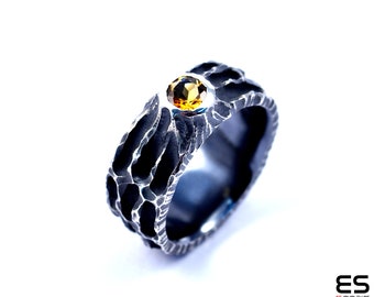 Handgemachter Ring aus schwarzem Silber, Ring mit Citrin Edelstein,  alternativer Verlobungsring mit Citrin, Versandfertig