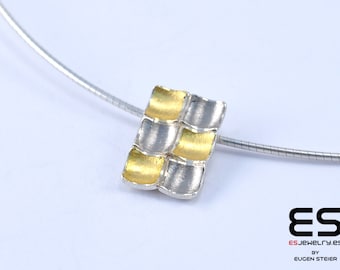 Pendant silver 925  and 24k gold 18k  white gold Mozaiku collection Keum Boo / Kum Boo ES Jewelry rectangular